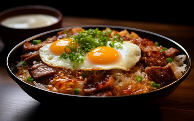 Un plato de fideos con verduras de carne y huevos AI