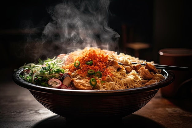 Un plato de fideos con verduras y carne con humo