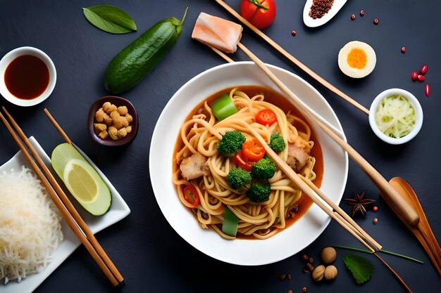 un plato de fideos con verduras y carne con un plato de fideos.