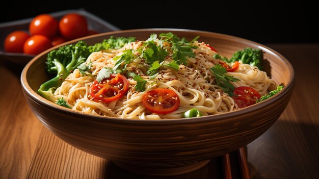 Un plato de fideos con verduras y fideos.