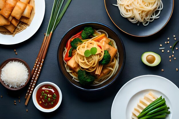 Un plato de fideos con verduras y fideos.