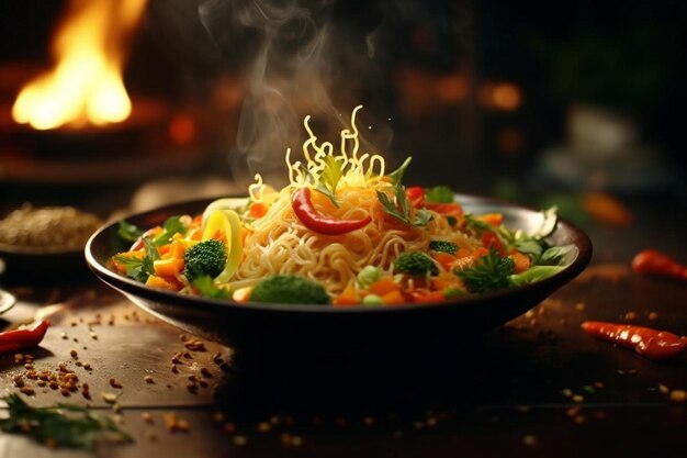 un plato de fideos y verduras con un fuego en el fondo