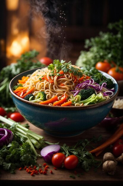 un plato de fideos con verduras y un fuego de fondo.