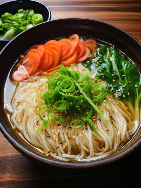 un plato de fideos y verduras en una mesa