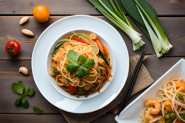 Un plato de fideos con verduras en una mesa