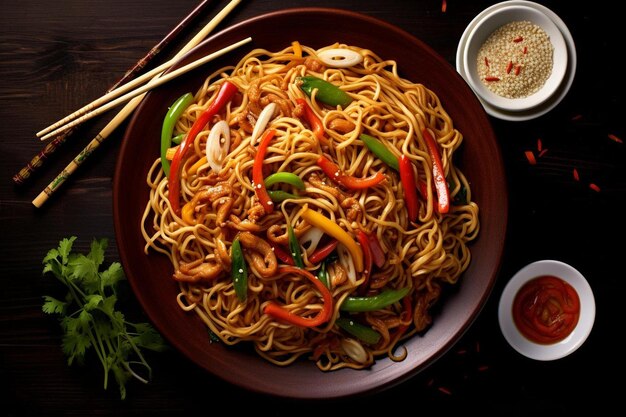 un plato de fideos con verduras y palillos