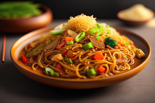 Un plato de fideos con verduras y un plato de salsa