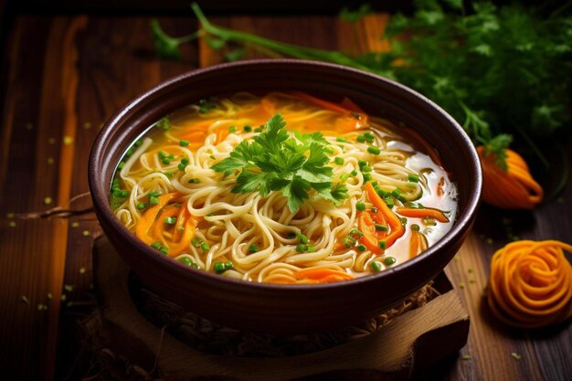 un plato de fideos con zanahorias y perejil