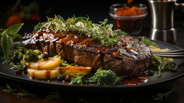 Plato con filete de espárragos y salsa AI generativa