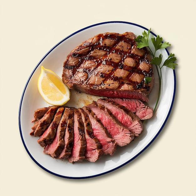 un plato de filete y un limón en una mesa