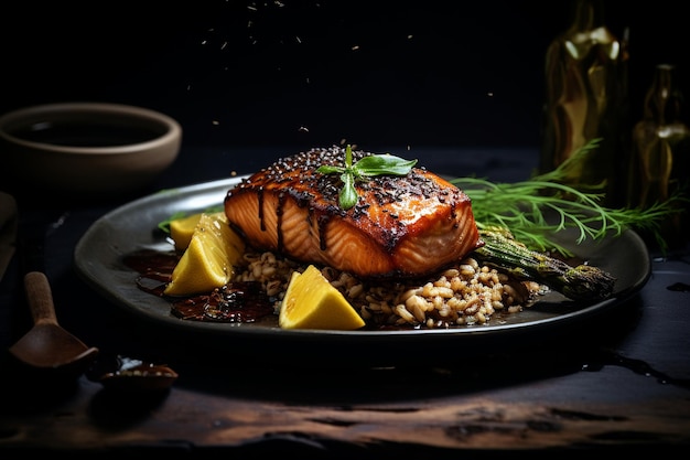 Un plato de filete de salmón esmaltado con piña con espárragos y arroz silvestre