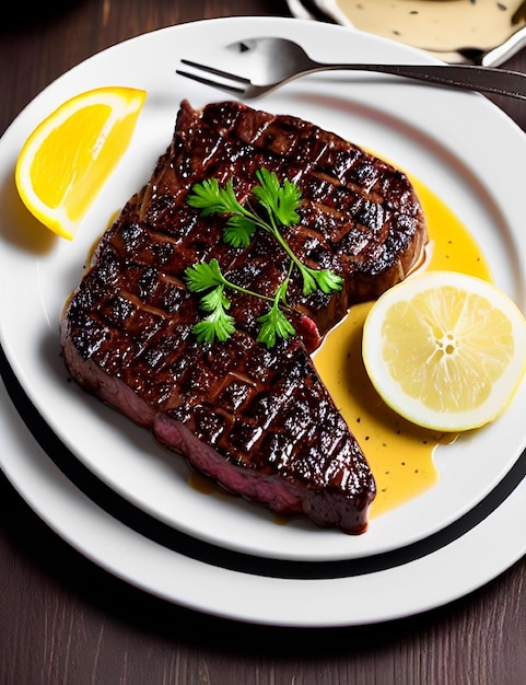 Un plato de filetes con un limón al lado.