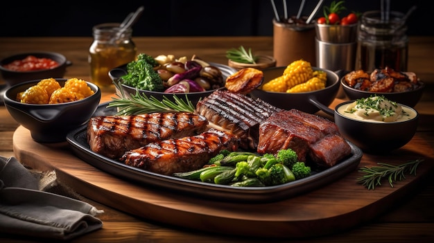 Foto un plato de filetes y verduras que incluye carne, verduras y carnes.