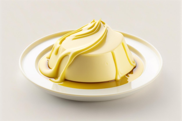 Un plato de flan con un borde amarillo aislado en imágenes de ilustración de fondo blanco