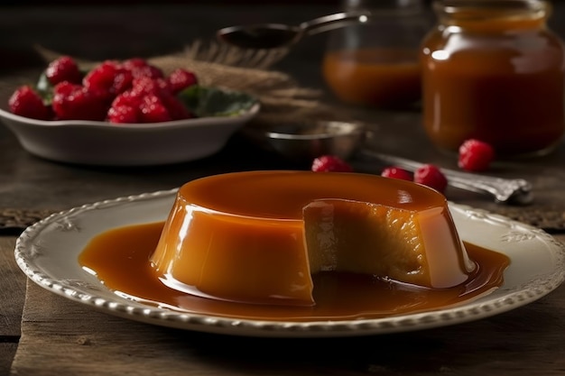 Un plato de flan con un ramo de rosas al lado