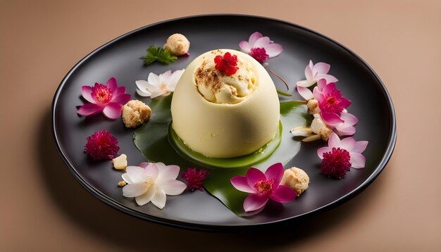 Foto un plato con flores y un pequeño helado en él