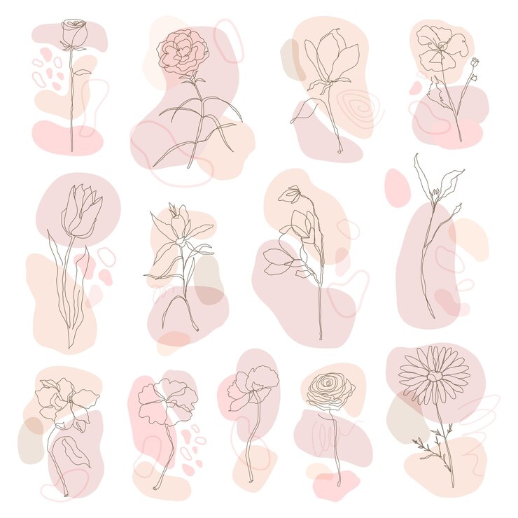 Plato de flores Png dibujado a mano conjunto de arte femenino de una sola línea
