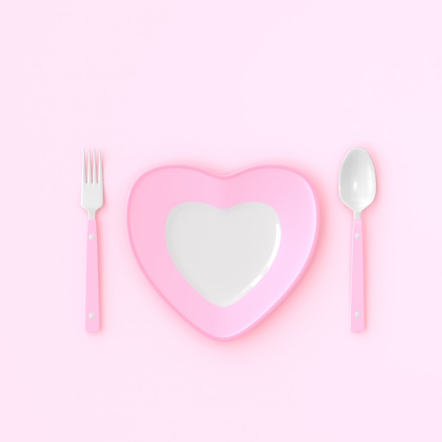 Plato con forma de corazón con cuchara y tenedor color rosado. concepto de idea de amor, render 3D