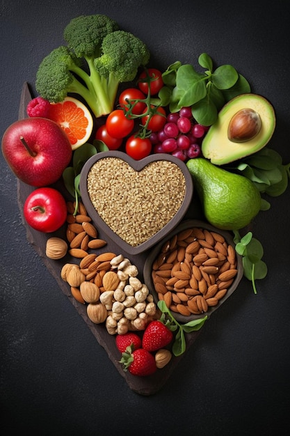 un plato en forma de corazón lleno de frutas y verduras