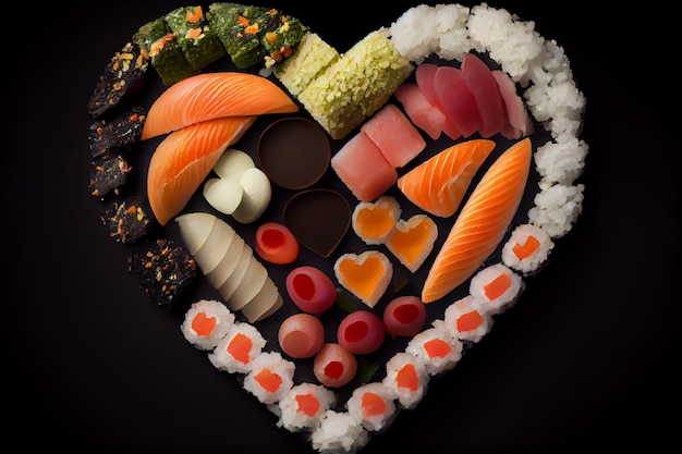 Un plato en forma de corazón con sushi y otros alimentos