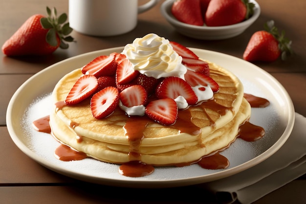 plato fotográfico de panqueques con fresas y crema batida encima