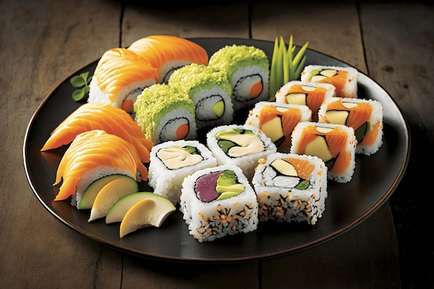 plato fotográfico de sushi y rollos con diferentes ingredientes