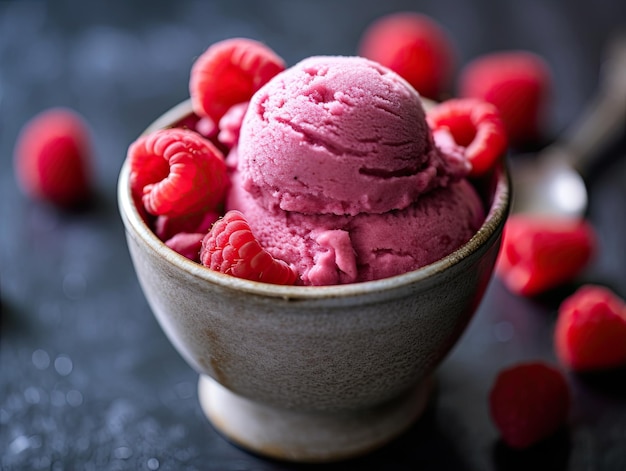 un plato de frambuesas y helado