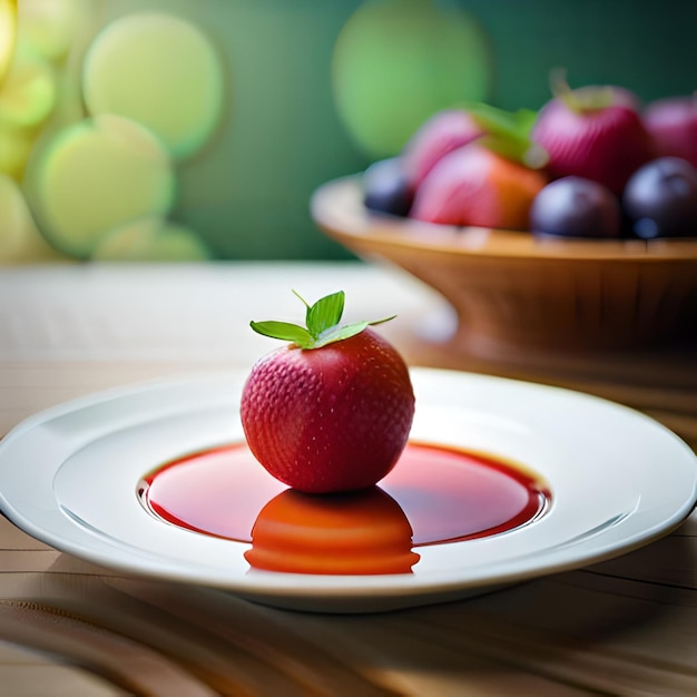 Un plato con una fresa y un bol de fruta al fondo.