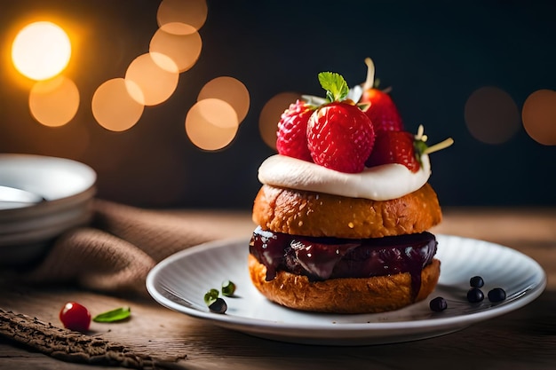 un plato con una fresa y un pastel de chocolate en él