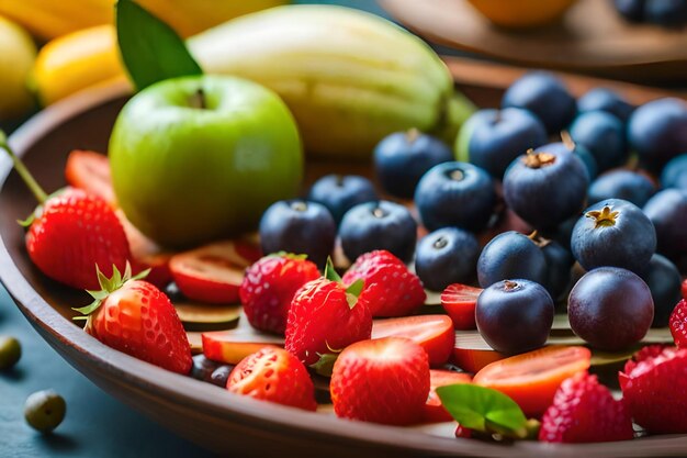 un plato de fresas y arándanos con uno que dice "fruta".