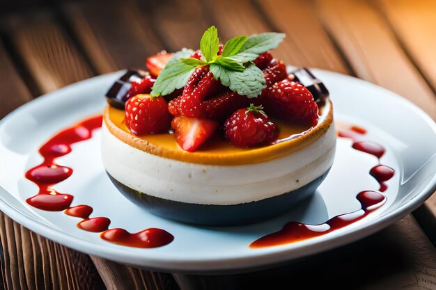 Foto un plato con fresas y crema en él está en una mesa de madera