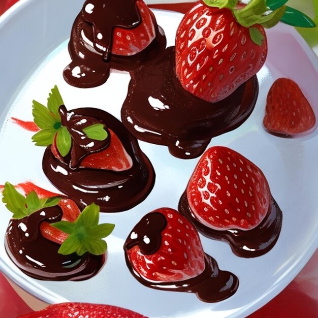 un plato de fresas cubiertas de chocolate con salsa de chocolate en él