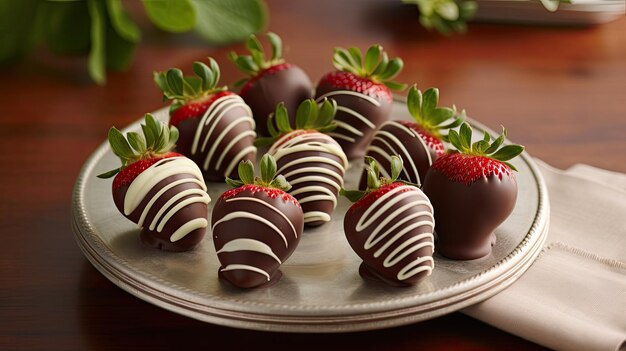 un plato de fresas cubiertas de chocolate