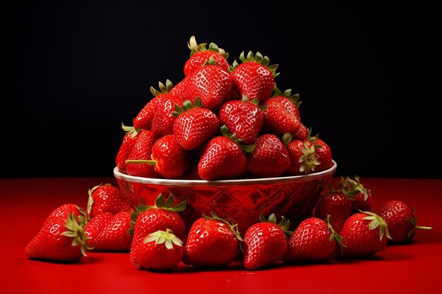 un plato de fresas con un fondo negro