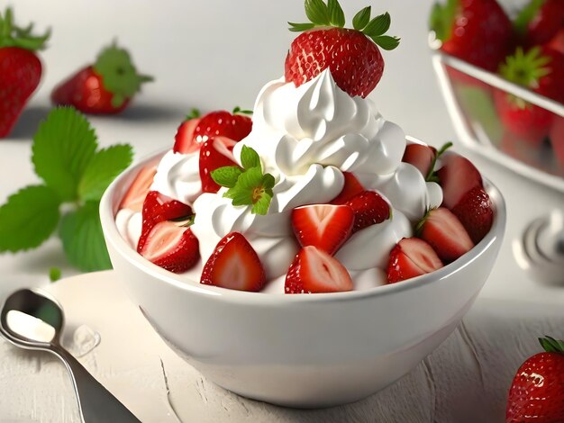 un plato de fresas con fresas y crema