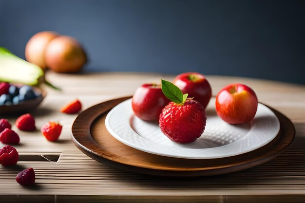 Un plato de fresas con una hoja verde