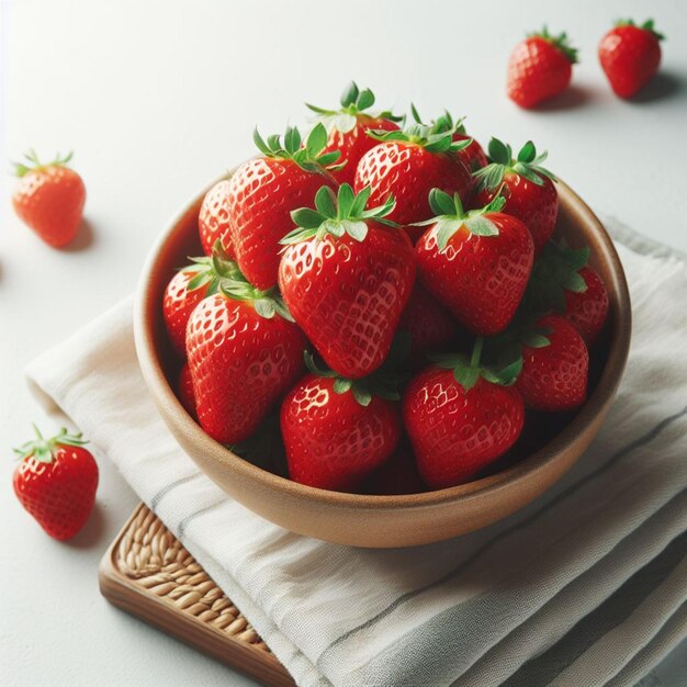 un plato de fresas con hojas verdes en una mesa con fondo blanco