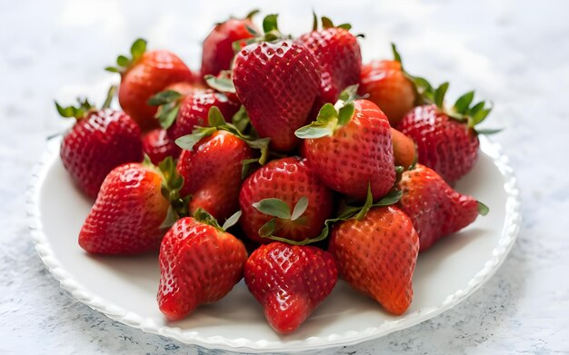 Foto un plato de fresas con hojas verdes en él