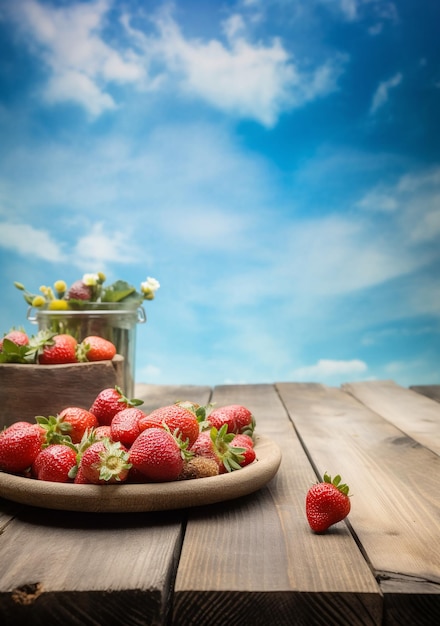 Un plato de fresas en una mesa de madera con un cielo azul de fondo.