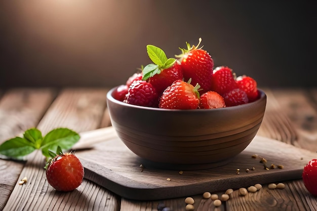 Un plato de fresas en una mesa de madera