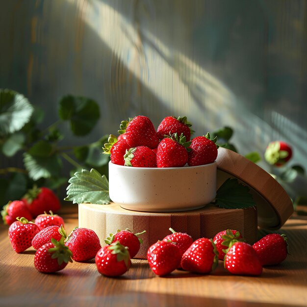 Un plato de fresas en una mesa de madera