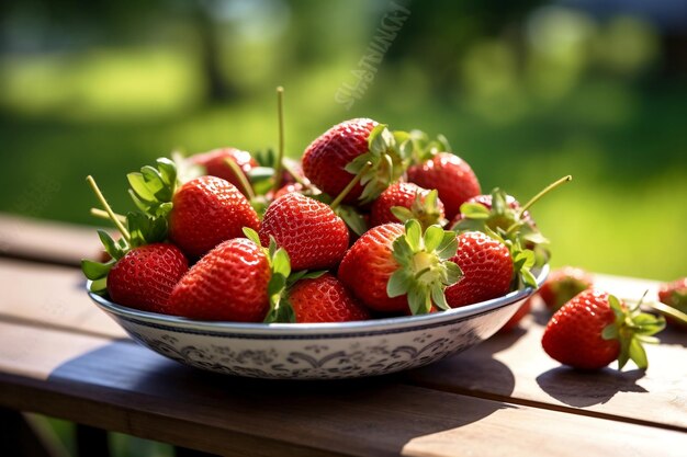 un plato de fresas con un plato blanco de fresas en una mesa de madera.