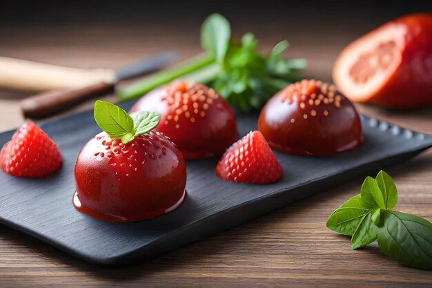 Un plato de fresas con una rodaja de menta