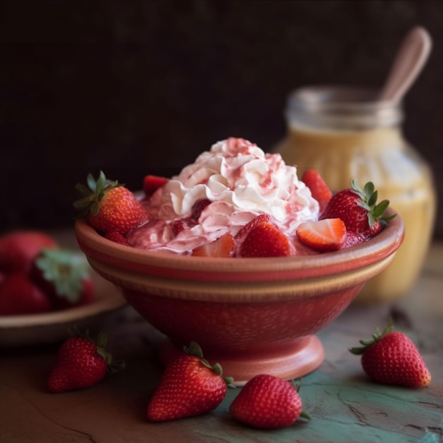 Un plato de fresas con un tarro de salsa al fondo.