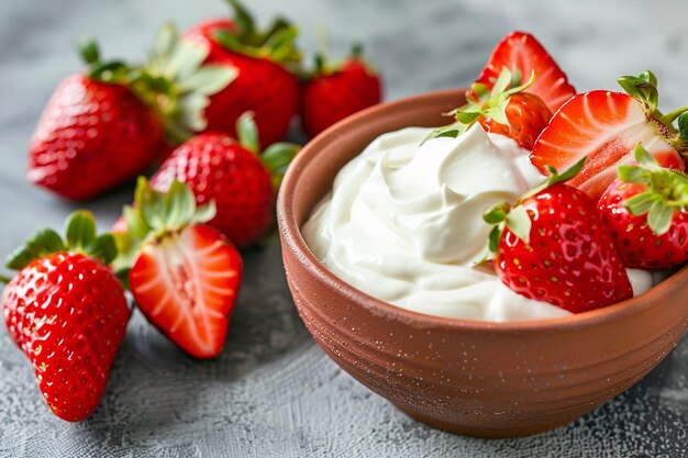 Un plato de fresas y una taza de yogur.