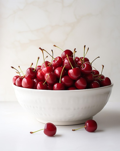 Un plato fresco de cerezas sobre una mesa de madera