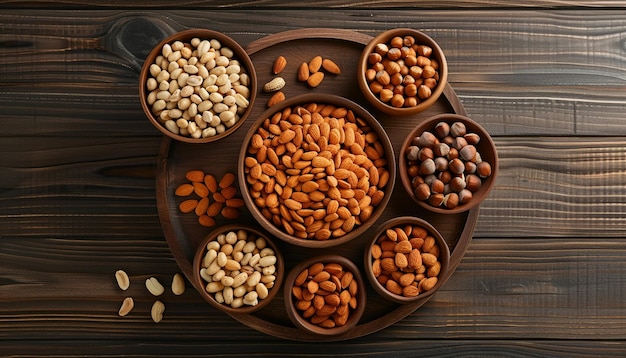 un plato de frijoles, almendras y otras nueces en una mesa de madera