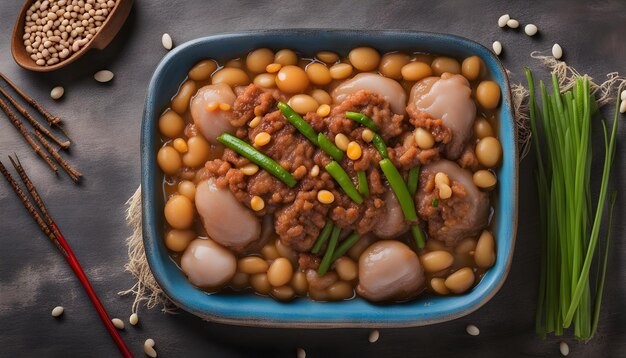 un plato de frijoles con frijoles y frijoles en él