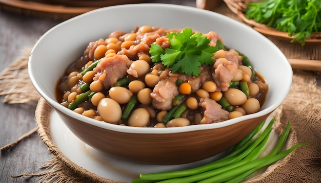 un plato de frijoles frijoles y frijoles con un frijol verde