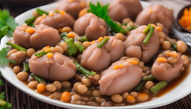 Foto un plato de frijoles con frijoles y guisantes en una mesa